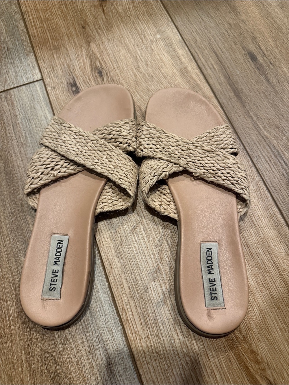 Steve Madden Beige Woven Crossband Slide Sandals